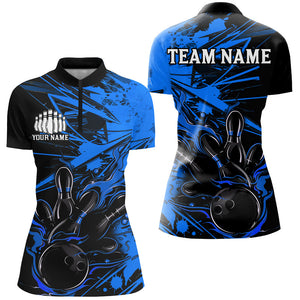 Black And Blue Custom Flame Bowling Shirts For Women, Bowling Team Uniform Bowler Outfits IPHW7694