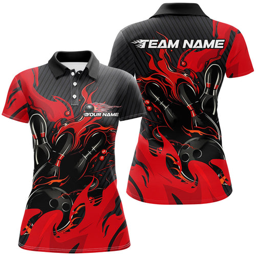 Black And Red Custom Flame Bowling Shirts For Women, Bowling League Shirts Team Uniform IPHW7695