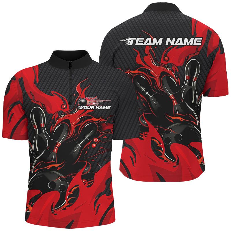 Black And Red Custom Flame Bowling Shirts For Men, Bowling League Shirts Team Uniform IPHW7695