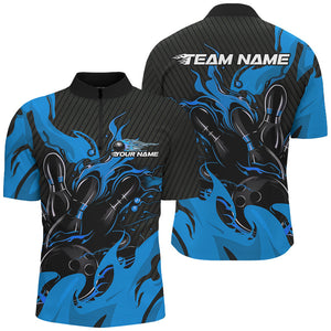 Black And Blue Custom Flame Bowling Shirts For Men, Bowling League Shirts Team Uniform IPHW7696