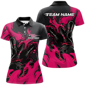 Black And Pink Custom Flame Bowling Shirts For Women, Bowling League Shirts Team Uniform IPHW7697