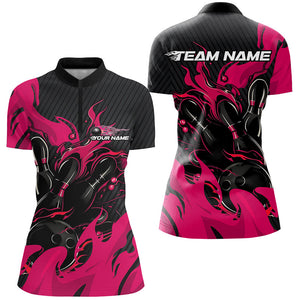 Black And Pink Custom Flame Bowling Shirts For Women, Bowling League Shirts Team Uniform IPHW7697