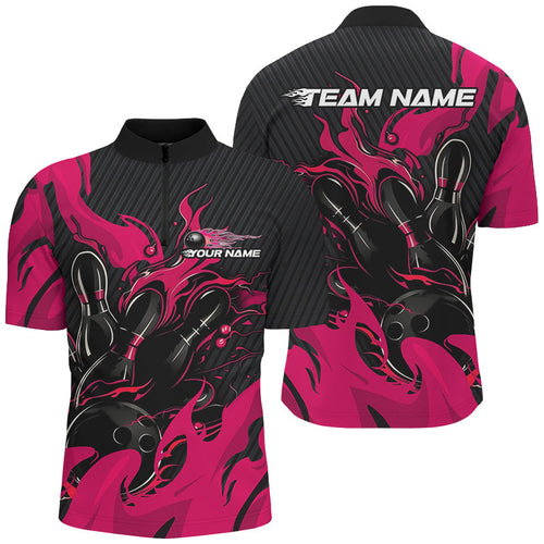 Black And Pink Custom Flame Bowling Shirts For Men, Bowling League Shirts Team Uniform IPHW7697