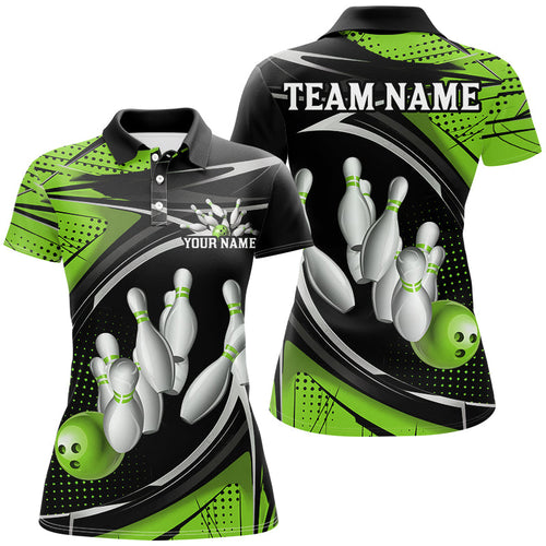 Black And Green Custom Bowling Team Shirts For Women, Bowling League Shirt Bowlers Outfits IPHW7699