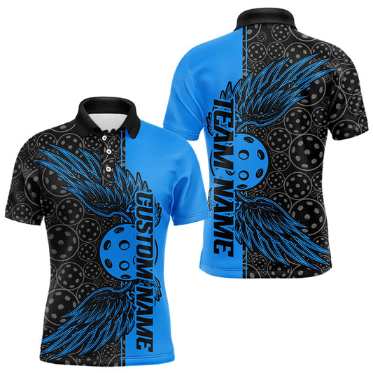 Black And Blue Custom Pickleball Wings Polo Shirts For Men, Mens Pickleball Team Shirts IPHW8108