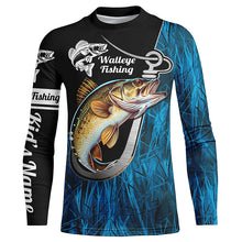 Load image into Gallery viewer, Fish Hook Walleye Fishing Custom Long Sleeve Tournament Fishing Shirts Fishing Jerseys | Blue Camo IPHW5736