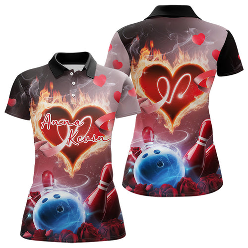 Custom Valentines Couple Bowling Polo Shirts For Women, Roses And Flame Bowling For Lovers IPHW8340