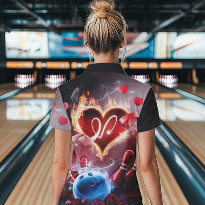 Custom Valentines Day Couple Bowling Quarter-Zip Shirts For Women, Roses And Flame Bowling IPHW8340