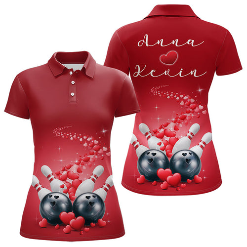 Custom Red Valentine Bowling Polo Shirts For Women, Valentines Day Couple Bowling Outfits  IPHW8348