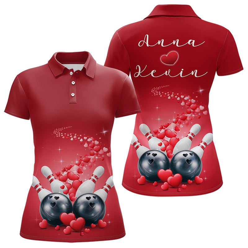 Custom Red Valentine Bowling Polo Shirts For Women, Valentines Day Couple Bowling Outfits  IPHW8348