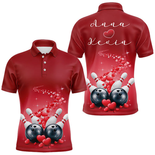 Custom Red Valentine Bowling Polo Shirts For Men, Valentines Day Couple Bowling Outfits  IPHW8348