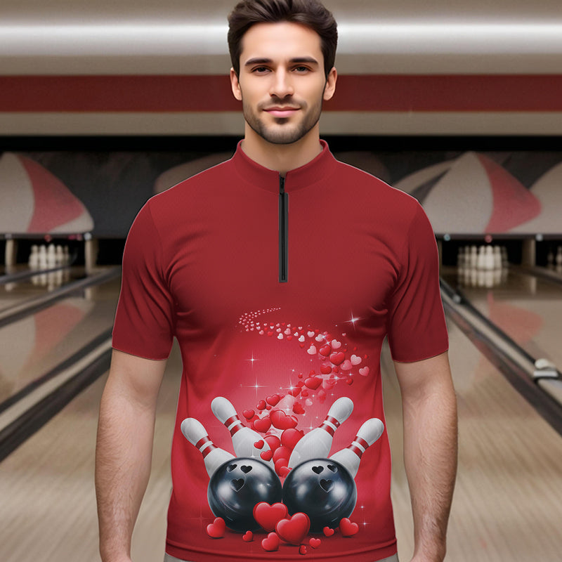 Custom Red Valentine Bowling Quarter-Zip Shirts For Men, Valentines Day Couple Bowling Outfits  IPHW8348