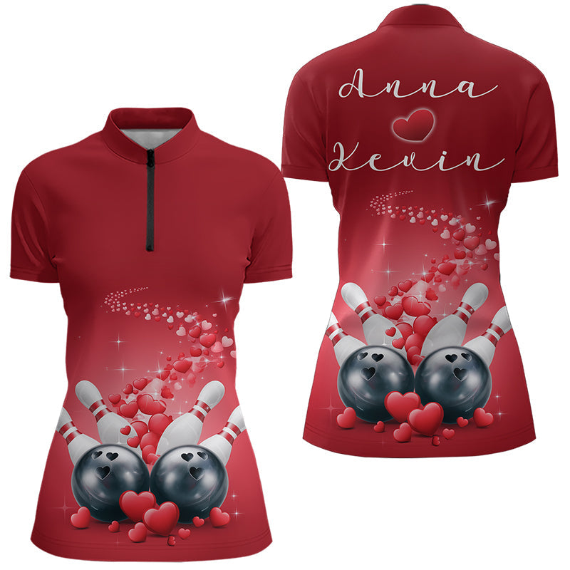 Custom Red Valentine Bowling Quarter-Zip Shirts For Women, Couple Bowling Outfits  IPHW8348