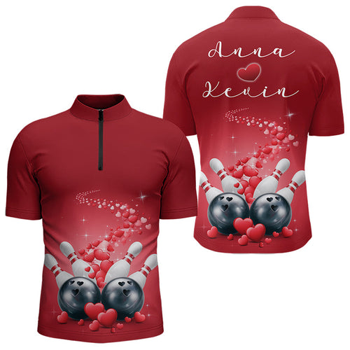 Custom Red Valentine Bowling Quarter-Zip Shirts For Men, Valentines Day Couple Bowling Outfits  IPHW8348