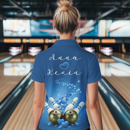 Custom Blue Valentine Bowling Polo Shirts For Women, Valentines Day Couple Bowling Outfits  IPHW8349