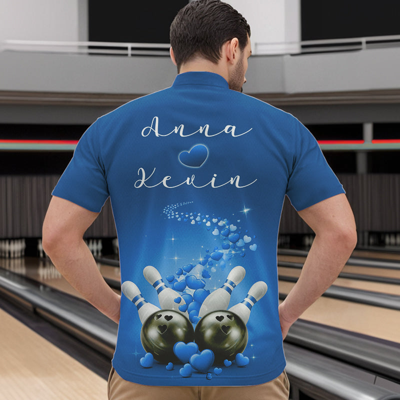 Custom Blue Valentine Bowling Quarter-Zip Shirts For Men, Valentines Day Couple Bowling Outfits  IPHW8349