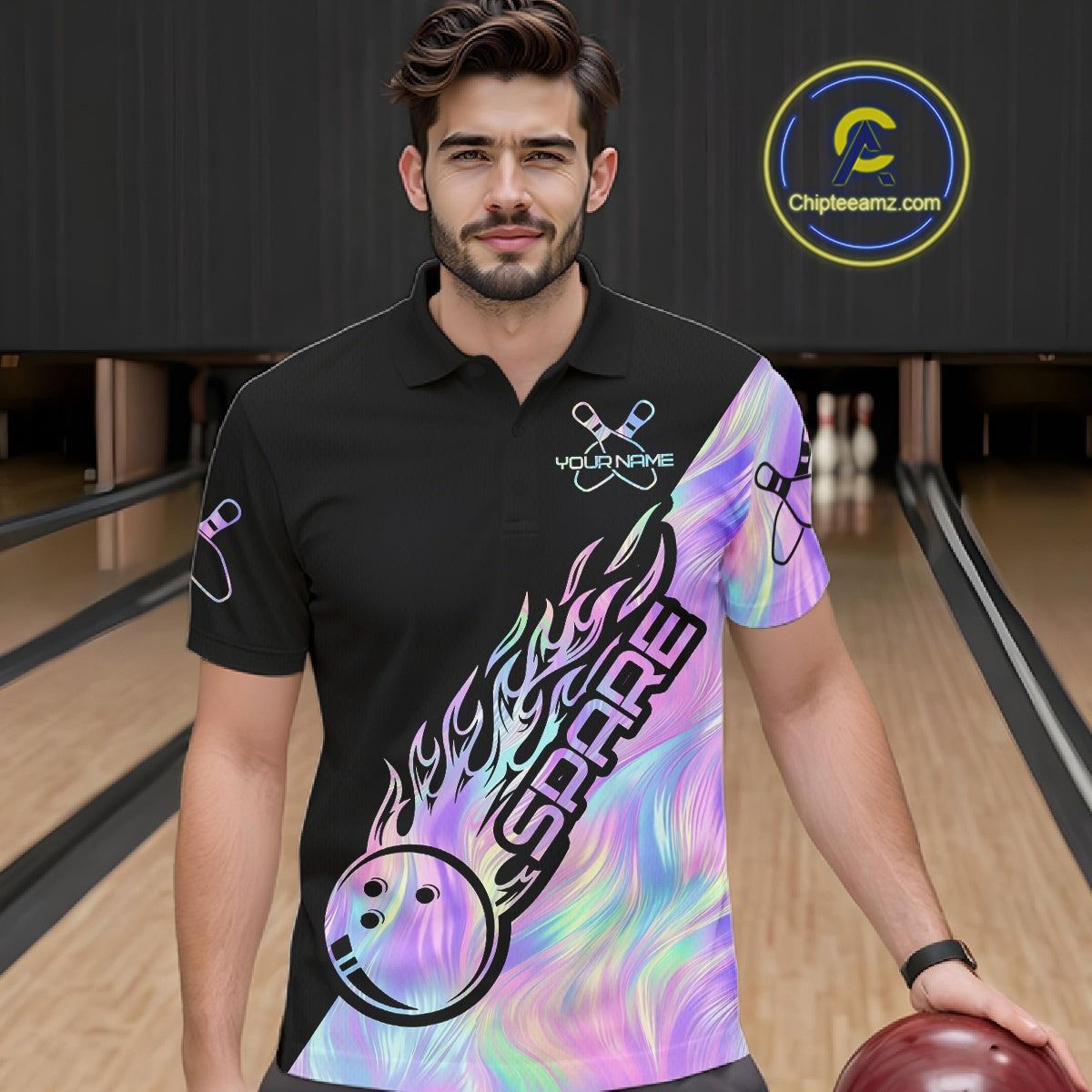 Custom Holographic Flame Spare Bowling Men Shirts, Bowling Team League Jerseys IPHW10688