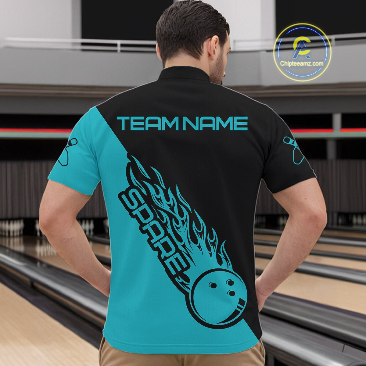 Custom Black And Blue Flame Spare Bowling Men Shirts, Bowling Team League Jerseys IPHW10689