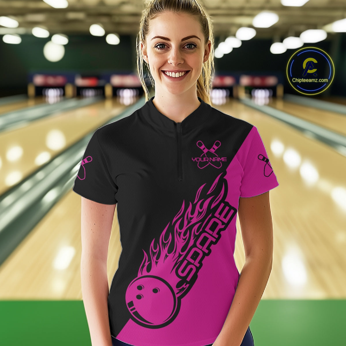 Custom Black And Pink Flame Spare Bowling Women Shirts, Bowling Team League Jerseys IPHW10691