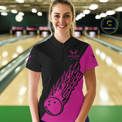 Custom Black And Pink Flame Spare Bowling Women Shirts, Bowling Team League Jerseys IPHW10691