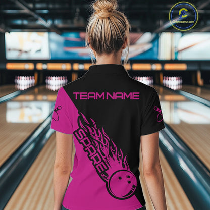 Custom Black And Pink Flame Spare Bowling Women Shirts, Bowling Team League Jerseys IPHW10691