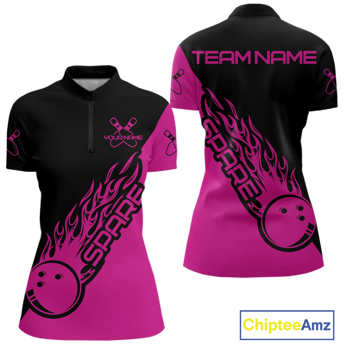 Custom Black And Pink Flame Spare Bowling Women Shirts, Bowling Team League Jerseys IPHW10691