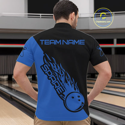 Custom Black And Blue Flame Spare Bowling Men Shirts, Bowling Team League Jerseys IPHW10692