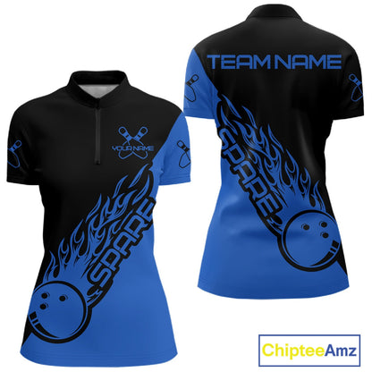Custom Black And Blue Flame Spare Bowling Women Shirts, Bowling Team League Jerseys IPHW10692