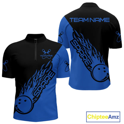 Custom Black And Blue Flame Spare Bowling Men Shirts, Bowling Team League Jerseys IPHW10692