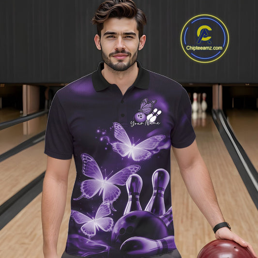 Custom Purple Butterfly Bowling Polo Shirts For Men, Bowling Team Shirt With Butterflies IPHW10700