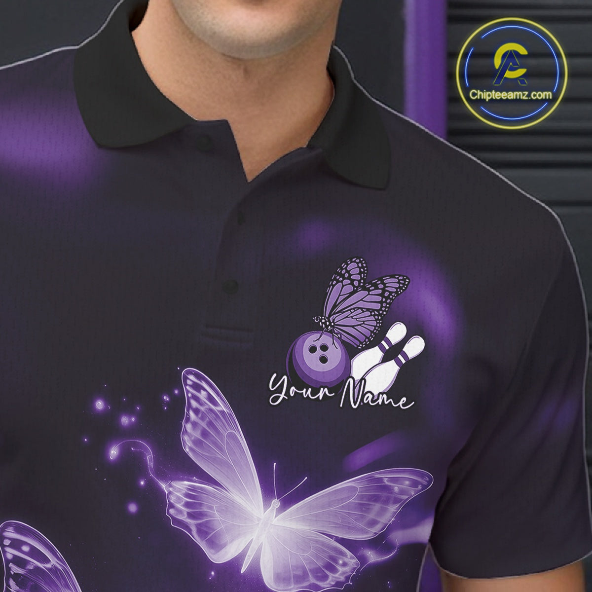Custom Purple Butterfly Bowling Polo Shirts For Men, Bowling Team Shirt With Butterflies IPHW10700