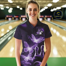 Load image into Gallery viewer, Custom Purple Butterfly Bowling Polo Shirts For Women, Bowling Team Shirt With Butterflies IPHW10700