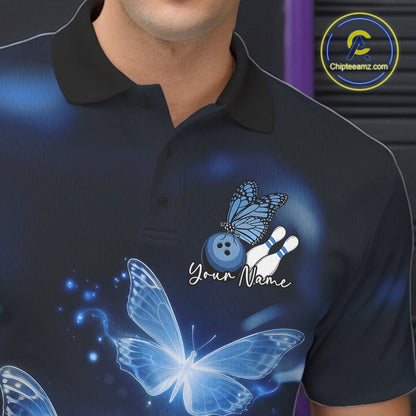 Custom Blue Butterfly Bowling Polo Shirts For Men, Bowling Team Shirt With Butterflies IPHW10701