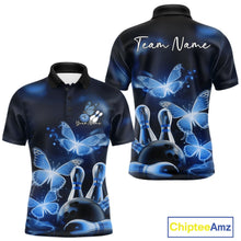 Load image into Gallery viewer, Custom Blue Butterfly Bowling Polo Shirts For Men, Bowling Team Shirt With Butterflies IPHW10701