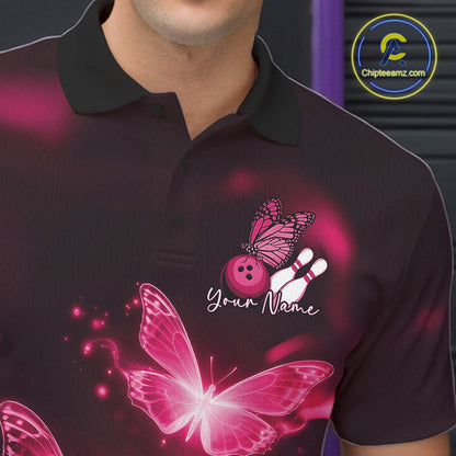 Custom Pink Butterfly Bowling Polo Shirts For Men, Bowling Team Shirt With Butterflies IPHW10702