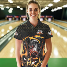 Load image into Gallery viewer, Custom Black And Yellow Flame Dragon Bowling Women Polo Shirts, Team Bowling League Shirt IPHW8839