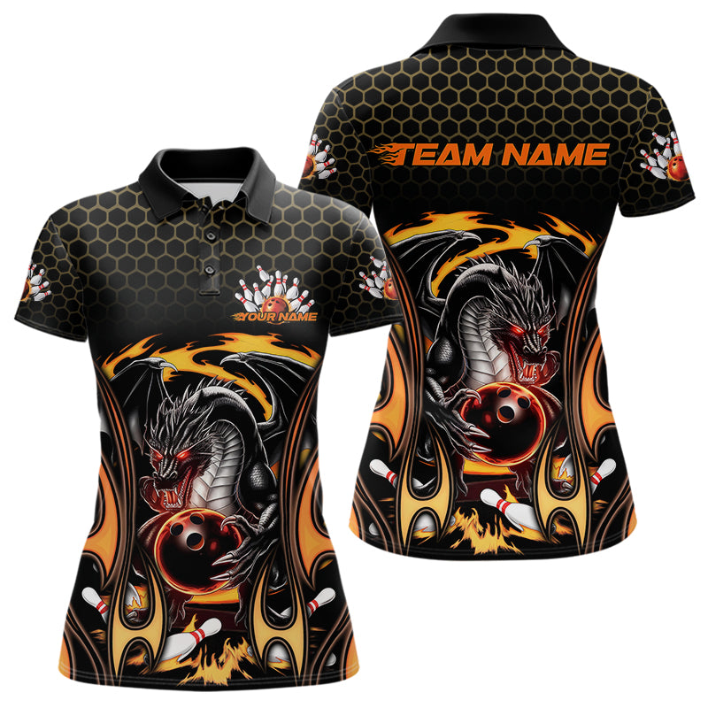 Custom Black And Yellow Flame Dragon Bowling Women Polo Shirts, Team Bowling League Shirt IPHW8839
