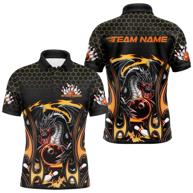 Custom Black And Yellow Flame Dragon Bowling Men Polo Shirts, Team Bowling League Shirt IPHW8839
