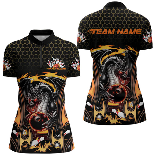 Custom Black And Yellow Flame Dragon Bowling Women Quarter-Zip Shirts, Bowling League Shirt IPHW8839