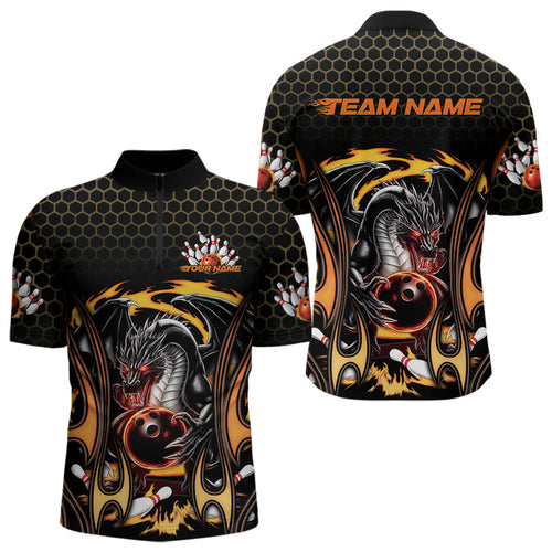 Custom Black And Yellow Flame Dragon Bowling Men Quarter-Zip Shirts, Team Bowling League Shirt IPHW8839
