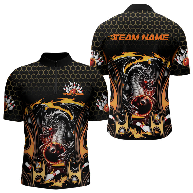 Custom Black And Yellow Flame Dragon Bowling Men Quarter-Zip Shirts, Team Bowling League Shirt IPHW8839