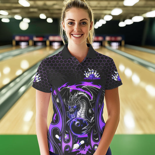 Custom Black And Purple Flame Dragon Bowling Women Polo Shirts, Team Bowling League Shirt IPHW8840