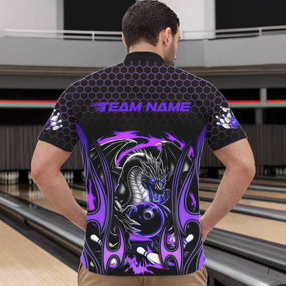 Custom Black And Purple Flame Dragon Bowling Men Quarter-Zip Shirts, Team Bowling League Shirt IPHW8840