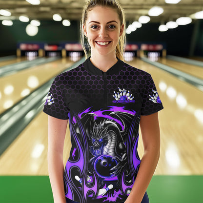 Custom Black And Purple Flame Dragon Bowling Women Quarter-Zip Shirts, Bowling League Shirt IPHW8840