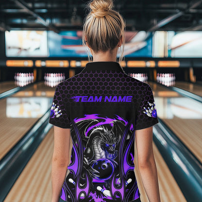 Custom Black And Purple Flame Dragon Bowling Women Quarter-Zip Shirts, Bowling League Shirt IPHW8840