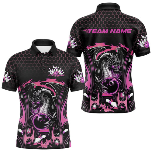 Custom Black And Pink Flame Dragon Bowling Men Polo Shirts, Team Bowling League Shirt IPHW8841