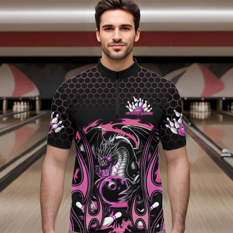 Custom Black And Pink Flame Dragon Bowling Men Quarter-Zip Shirts, Team Bowling League Shirt IPHW8841