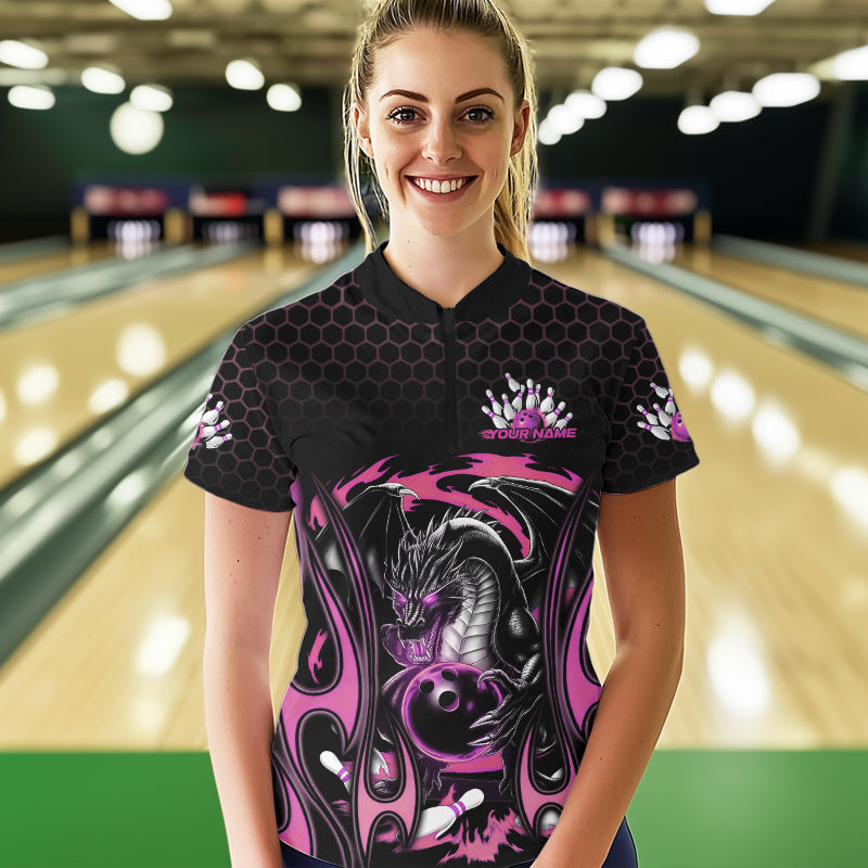 Custom Black And Pink Flame Dragon Bowling Women Quarter-Zip Shirts, Bowling League Shirt IPHW8841