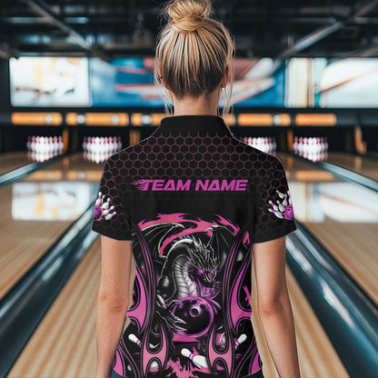 Custom Black And Pink Flame Dragon Bowling Women Quarter-Zip Shirts, Bowling League Shirt IPHW8841