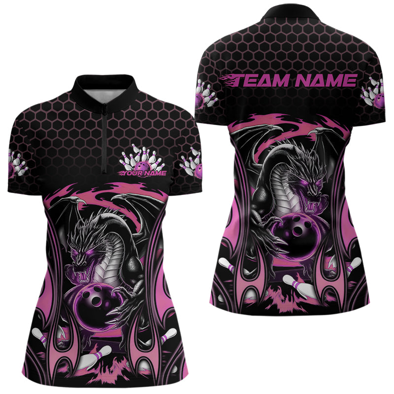 Custom Black And Pink Flame Dragon Bowling Women Quarter-Zip Shirts, Bowling League Shirt IPHW8841
